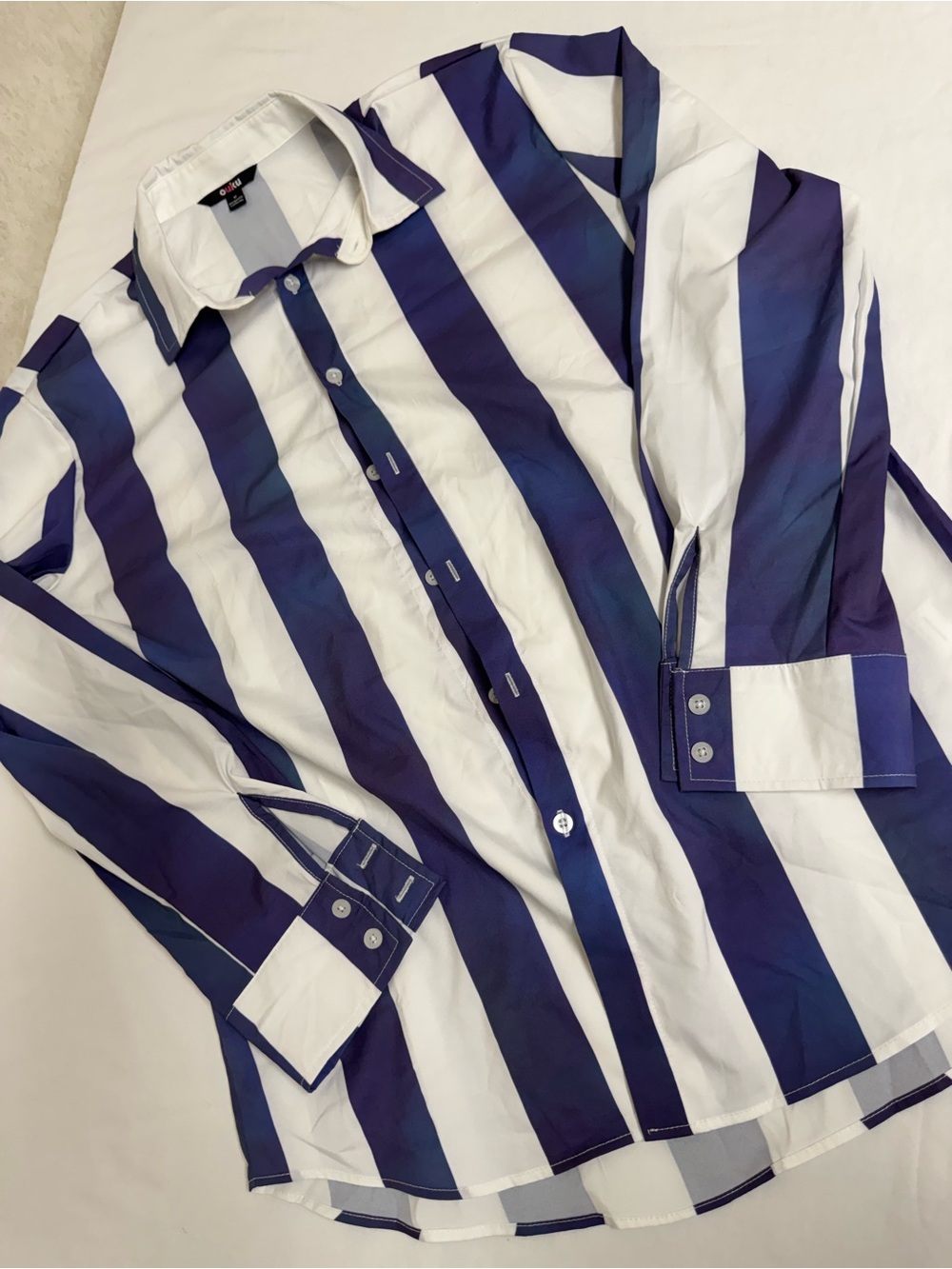 OuKu Men’s Blue White Striped Button Up Shirt Medium Oversized Streetwear Top
